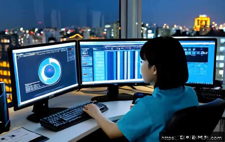 회현동 UNEXPECTED_KERNEL_MODE_TRAP - Photorealistic IT support workstation in a compact Hoehyeon-dong office, desktop monitor showing a n...