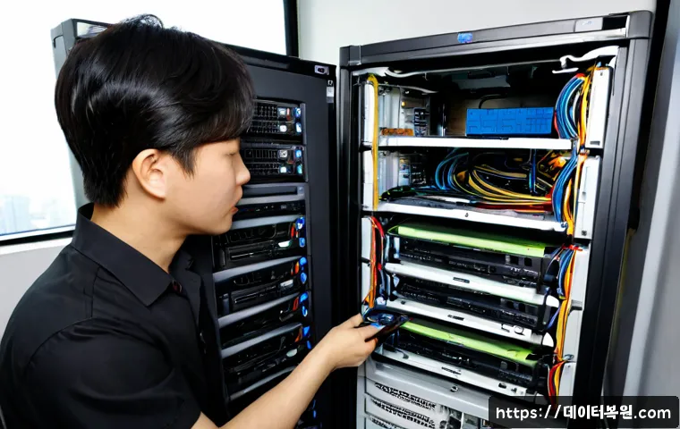 노량진 파일서버출장방문수리점 - Photorealistic on-site file server repair in a compact Noryangjin office, technician replacing a hot...