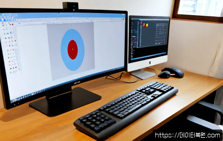 궁정동 STATUS_CONTROL_C_EXIT - Photorealistic remote-support workstation in a quiet Gungjeong-dong office, dual monitors showing ab...