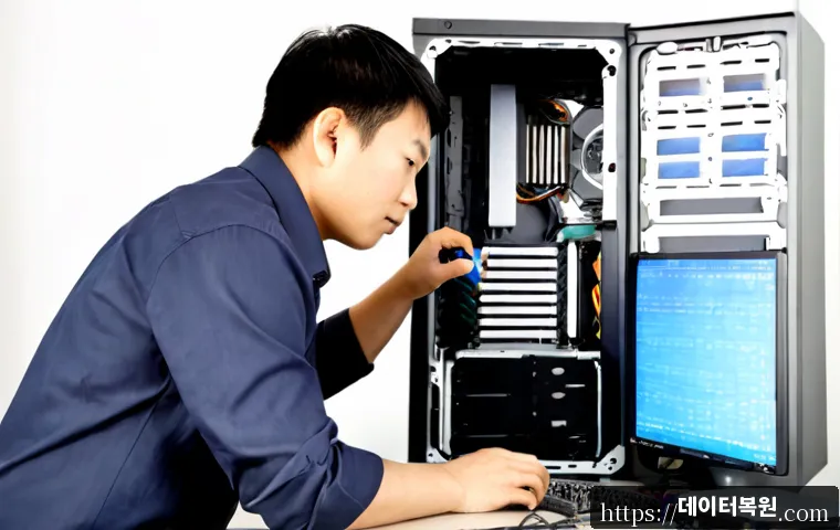 덕은동 쿨러조립 및 교체수리 - Photorealistic desktop PC repair workstation, technician carefully installing a tower CPU cooler ins...