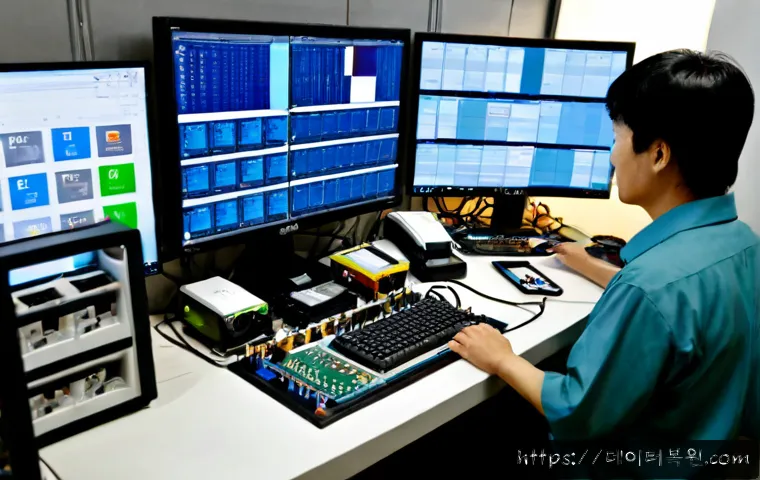 황학동 DEVICE_DRIVER_MISMATCH - Photorealistic electronics repair workstation in Hwanghak-dong, Seoul, with a technician comparing a...