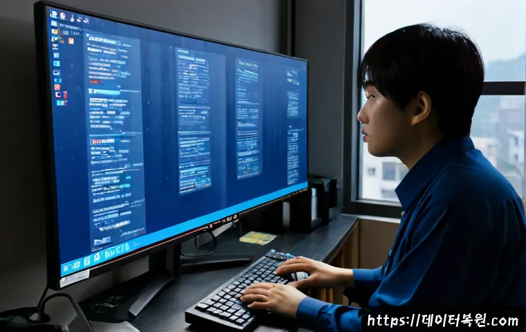 저동 DRIVER_IRQL_NOT_LESS_OR_EQUAL - Photorealistic IT support workstation in Jeodong, Seoul, dual monitors showing a blank blue system r...