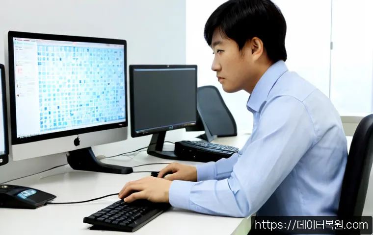 원문동 STATUS_IMAGE_CHECKSUM_MISMATCH - Photorealistic IT support workstation in a modern Wongmun-dong office, dual monitors showing a gener...