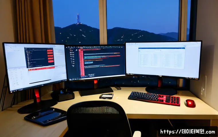 금호동 STATUS_MEMORY_ACCESS_DENIED - Photorealistic remote-support workstation in a compact Geumho-dong apartment office, dual monitors s...