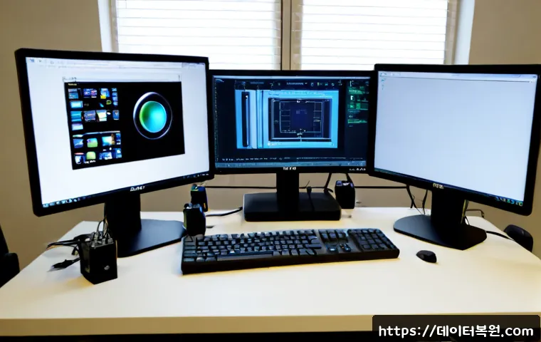 신촌동 NMI_HARDWARE_FAILURE - Photorealistic IT support workstation in a compact Sinchon-dong design studio, dual monitors showing...