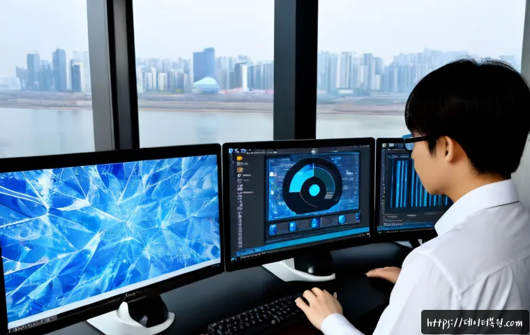 광진구 STATUS_MEMORY_VIOLATION - Photorealistic IT support workstation in a modern Gwangjin-gu office, dual monitors showing a frozen...