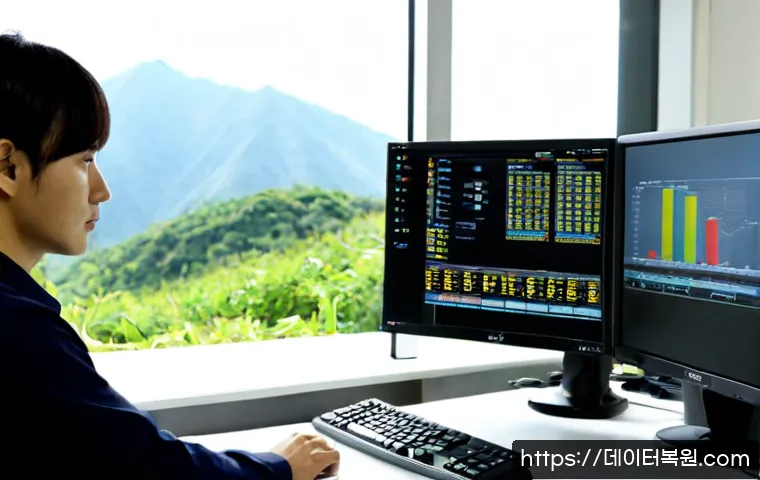 과천동 INVALID_KERNEL_HANDLE - Photorealistic IT support workstation in a quiet Gwacheon-dong office, dual monitors showing abstrac...