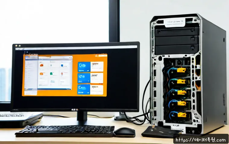 원효로 STATUS_KERNEL_UNSUPPORTED_DEVICE - Photorealistic IT support workstation in a compact Yongsan electronics-office setting, desktop tower...