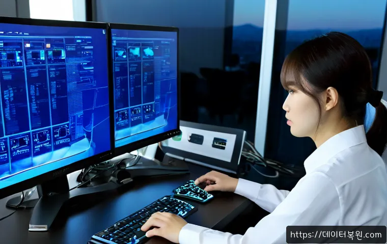 합동 WIN32K_POWER_WATCHDOG_TIMEOUT - Photorealistic remote-support workstation in a quiet Seoul office tower, dual monitors showing a fro...