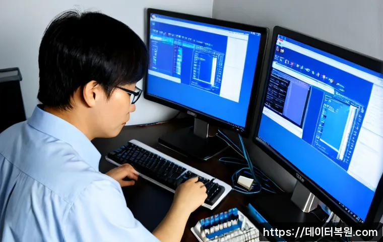 예관동 STATUS_STACK_BUFFER_OVERRUN - Photorealistic IT support workstation in a compact Seoul office near an older central neighborhood, ...