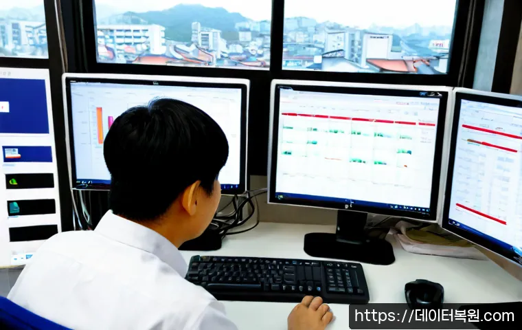 통인동 USER_MODE_HEALTH_MONITOR - Photorealistic IT support workstation in Tongin-dong, dual monitors showing a clean health-monitorin...