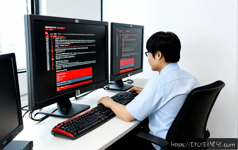 재동 STATUS_INVALID_THREAD - Photorealistic IT support workstation, desktop computer displaying a clean abstract system error int...