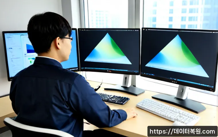 역삼동 pc복구중 - Photorealistic IT recovery workstation in a compact Yeoksam-dong office, technician monitoring a des...
