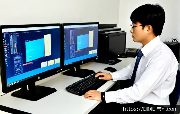 다동 HARDWARE_MEMORY_FAILURE - Photorealistic IT support workstation in a compact downtown Da-dong office, open desktop tower with ...