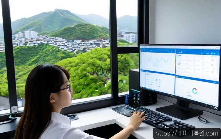 서대문구 나스 nas 설정및수리 - Photorealistic IT technician configuring a compact four-bay NAS beside dual office monitors displayi...