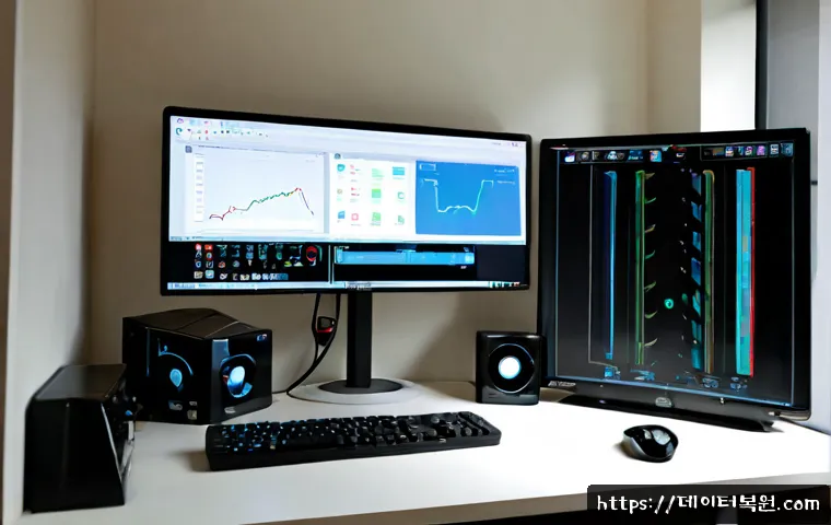 직동 STATUS_KERNEL_THREAD_INTERRUPTED - Photorealistic IT support workstation in a quiet Jikdong home office, dual monitors showing an abstr...
