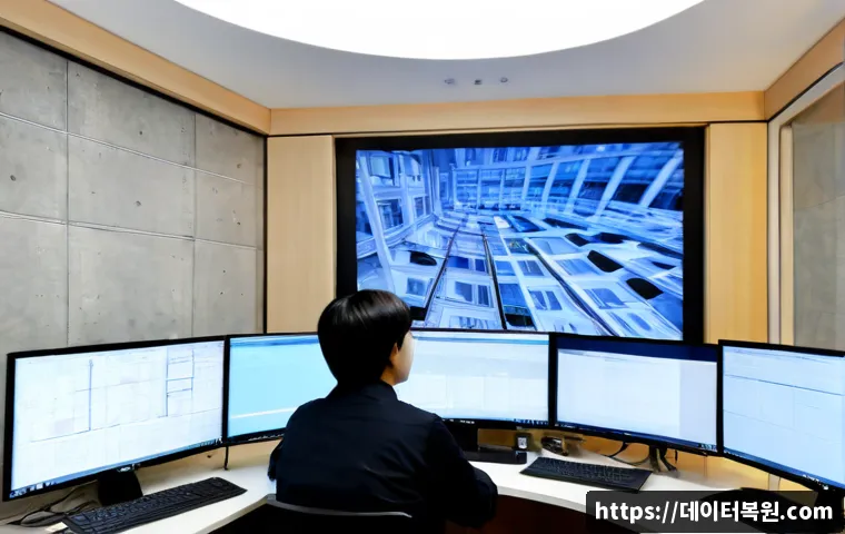 장교동 PAGE_TABLE_CORRUPT - Photorealistic IT support workstation in a compact Janggyo-dong office, dual monitors showing a comp...