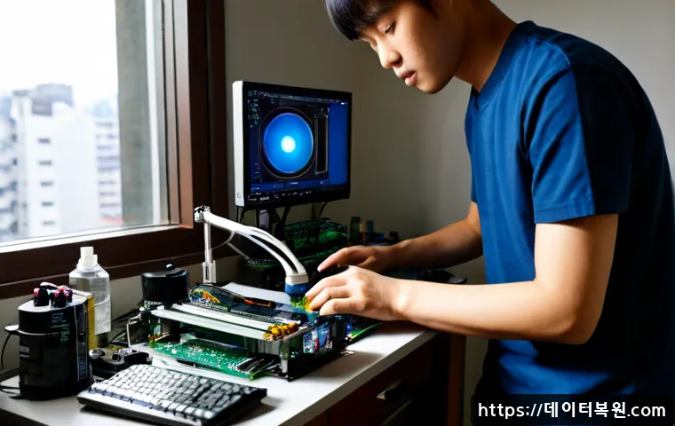 갈현동 오버클럭 뚜따 - Photorealistic electronics workstation in a compact Galhyeon-dong apartment studio, technician caref...