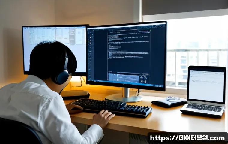 오금동 STATUS_ACCESS_VIOLATION - Photorealistic remote-support workstation in a quiet Ogeum-dong apartment office, dual monitors show...