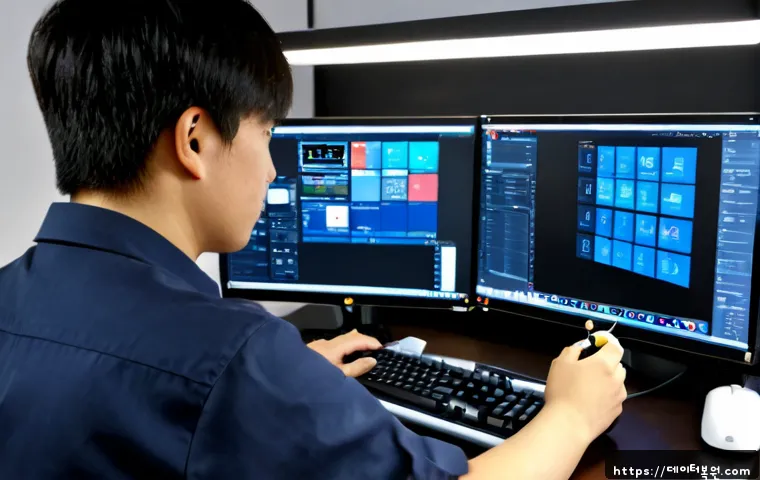 북창동 THREAD_TERMINATION_PORT - Photorealistic remote-support workstation in a compact Bukchang-dong office, dual monitors showing a...