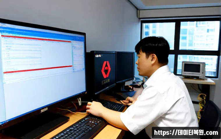 북창동 SYSTEM_LICENSE_VIOLATION - Photorealistic IT support workstation in Bukchang-dong, Seoul, focused technician examining a deskto...