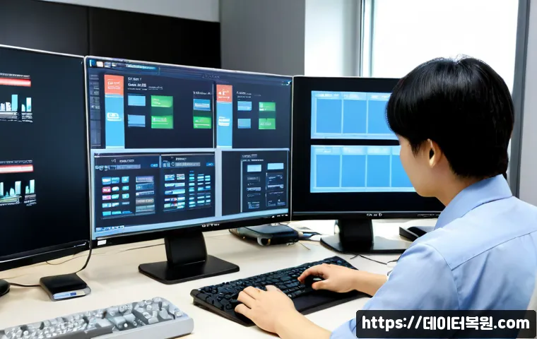 효창동 STATUS_INSUFFICIENT_RESOURCES - Photorealistic IT support workstation in Hyochang-dong, Seoul, dual monitors showing a clean abstrac...