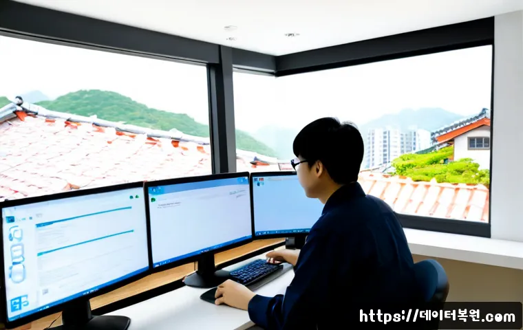 교북동 STATUS_DEVICE_OFFLINE - Photorealistic remote support workstation in a quiet Korean residential office, dual monitors showin...