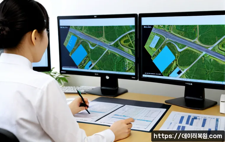 대장동 PROCESS_HAS_LOCKED_PAGES - Photorealistic real-estate planning workstation in a modern Korean office, dual monitors showing an ...