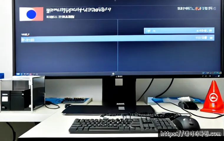 중부면 IO_DEVICE_ERROR - Photorealistic IT support workstation in a quiet semi-rural Korean township office, a desktop monito...