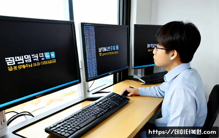 양평동 신호없음 - Photorealistic remote-support workstation in a compact Yeongdeungpo office, dual monitors showing a ...
