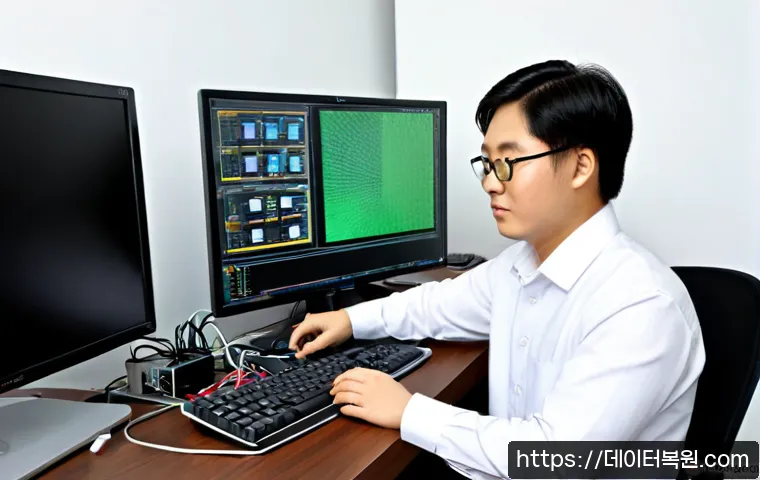 용산구 케이블연결확인 - Photorealistic IT support workstation in a modern Yongsan electronics office, technician carefully r...