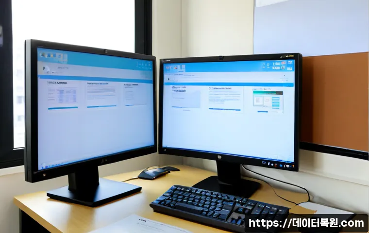 행주동 STATUS_PROTECTION_ERROR - Photorealistic IT support workstation in a quiet Korean residential district office, dual monitors s...