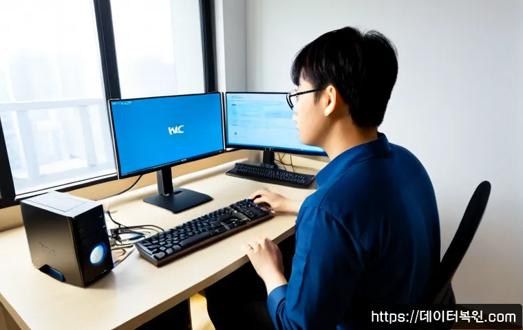 하중동 STATUS_MEMORY_VIOLATION - Photorealistic PC support workstation in a compact Hajung-dong apartment office, dual monitors showi...