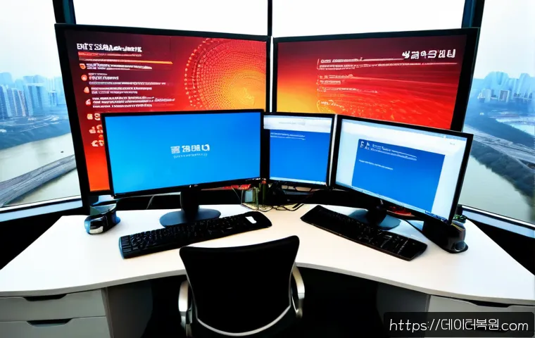 여의도 STATUS_PROTECTION_ERROR - Photorealistic cybersecurity analyst workstation in a sleek Yeouido office tower, dual monitors show...