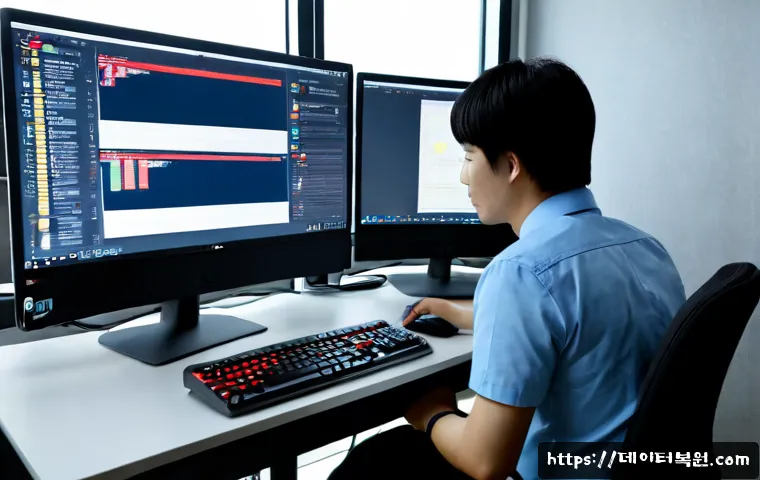지영동 STATUS_SYSTEM_PROCESS_TERMINATED - Photorealistic remote IT support workstation in a compact modern office, dual monitors showing a cle...