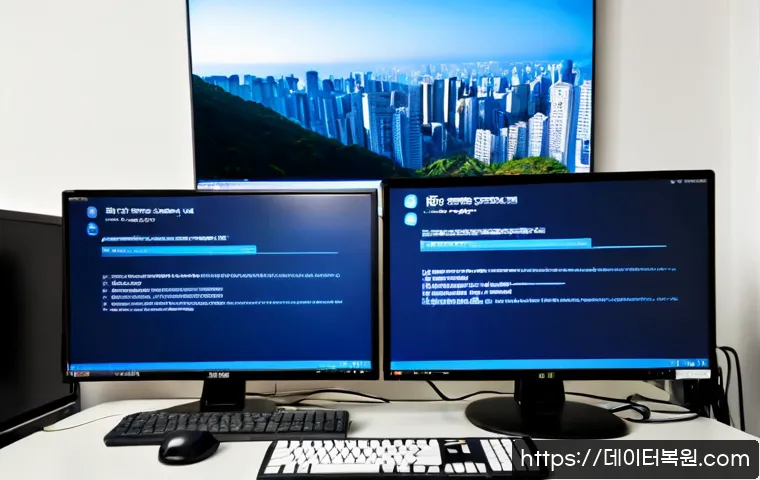 설문동 PFN_LIST_CORRUPT - Photorealistic IT support workstation in a quiet Seolmun-dong apartment office, dual monitors showin...