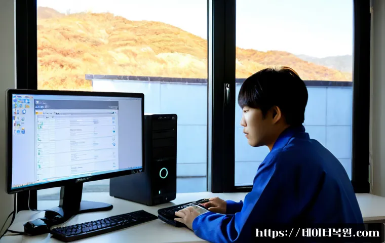 홍파동 공장초기화복구 - Photorealistic IT recovery workstation in a compact hillside neighborhood office, technician using a...