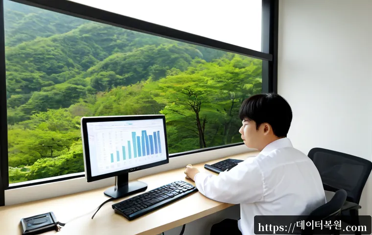마천동 STATUS_FILE_READ_FAILURE - Photorealistic IT support workstation in a compact apartment office near a wooded hillside neighborh...