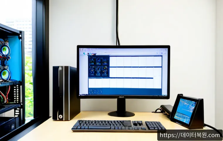 천호동 INTERNAL_POWER_ERROR - Photorealistic IT support workstation in a compact Cheonho-dong office, desktop tower opened beside ...