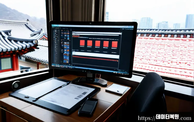 사간동 STATUS_FILE_NOT_FOUND - Photorealistic creative workstation in a quiet historic Seoul neighborhood studio, dual monitors sho...