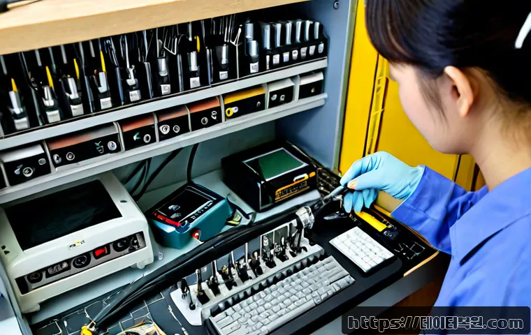 예지동 맥미니 판매 및 수리 - Photorealistic electronics repair bench in a compact Yeji-dong workshop, a small silver desktop comp...