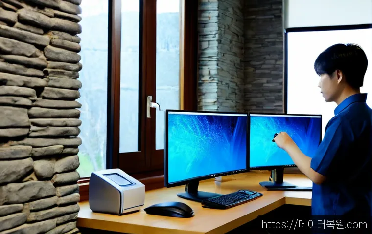 신문로 INTERNAL_POWER_ERROR - Photorealistic IT support workstation in a modern Sinmunro office, dual monitors showing a frozen ab...