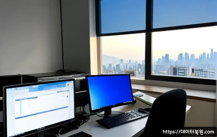 지영동 IRQL_NOT_LESS_OR_EQUAL - Photorealistic IT support workstation in a compact Jiyeong-dong office, dual monitors with a blank c...