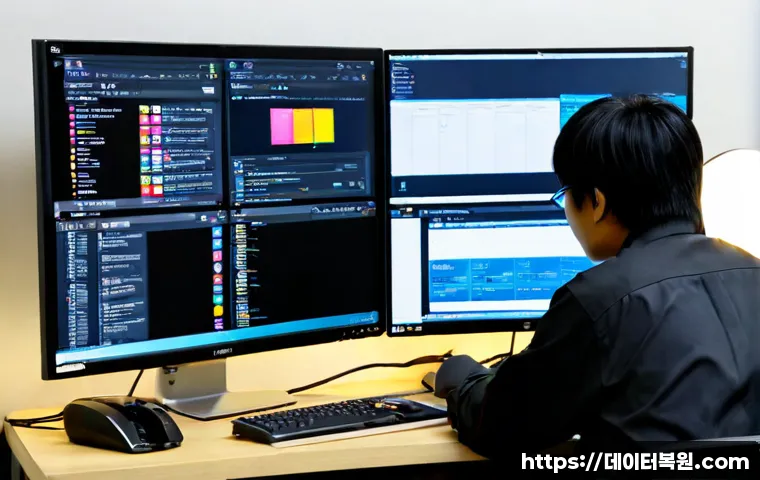 신당5동 STATUS_INVALID_CALLER - Photorealistic IT support workstation in a compact Sindang neighborhood office, dual monitors showin...