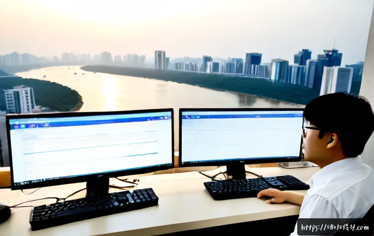 여의도 VENDOR_DEFINED_ERROR - Photorealistic IT support workstation in a high-rise office overlooking the Han River and Yeouido fi...