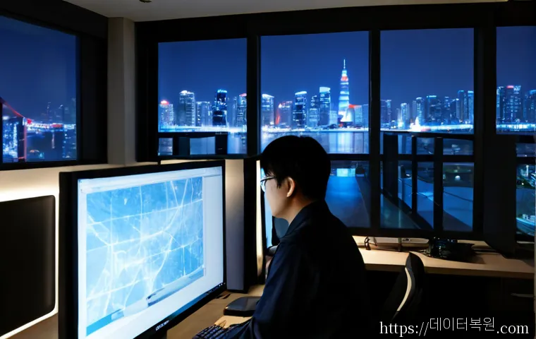 송파동 STATUS_KERNEL_EXECUTION_ERROR - Photorealistic IT support workstation in a modern Songpa apartment office, dual monitors showing a f...