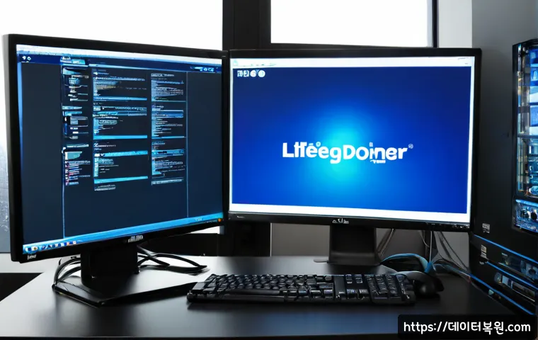 마곡동 THREAD_STUCK_IN_DEVICE_DRIVER - Photorealistic IT support workstation in Magok-dong, Seoul, dual monitors with a frozen blue system ...