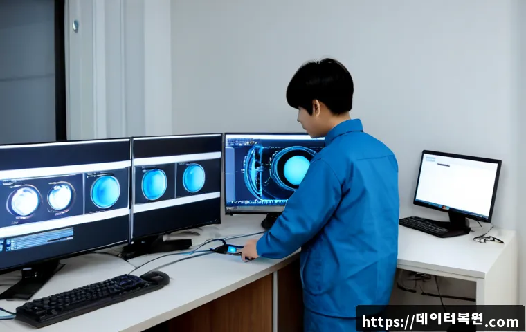 청파동 블루스크린 - Photorealistic IT support workstation in a compact Cheongpa-dong apartment office, dual monitors wit...