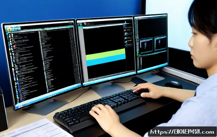 직동 CDFS_FILE_SYSTEM - Photorealistic IT support workstation in a compact Korean office, technician using a desktop compute...