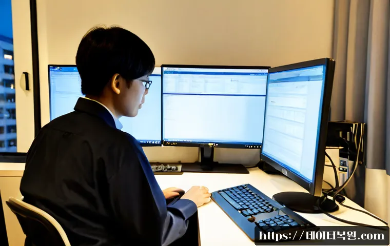 왕십리 STATUS_IO_ERROR - Photorealistic IT support workstation in a modern Wangsimni apartment office, dual monitors showing ...